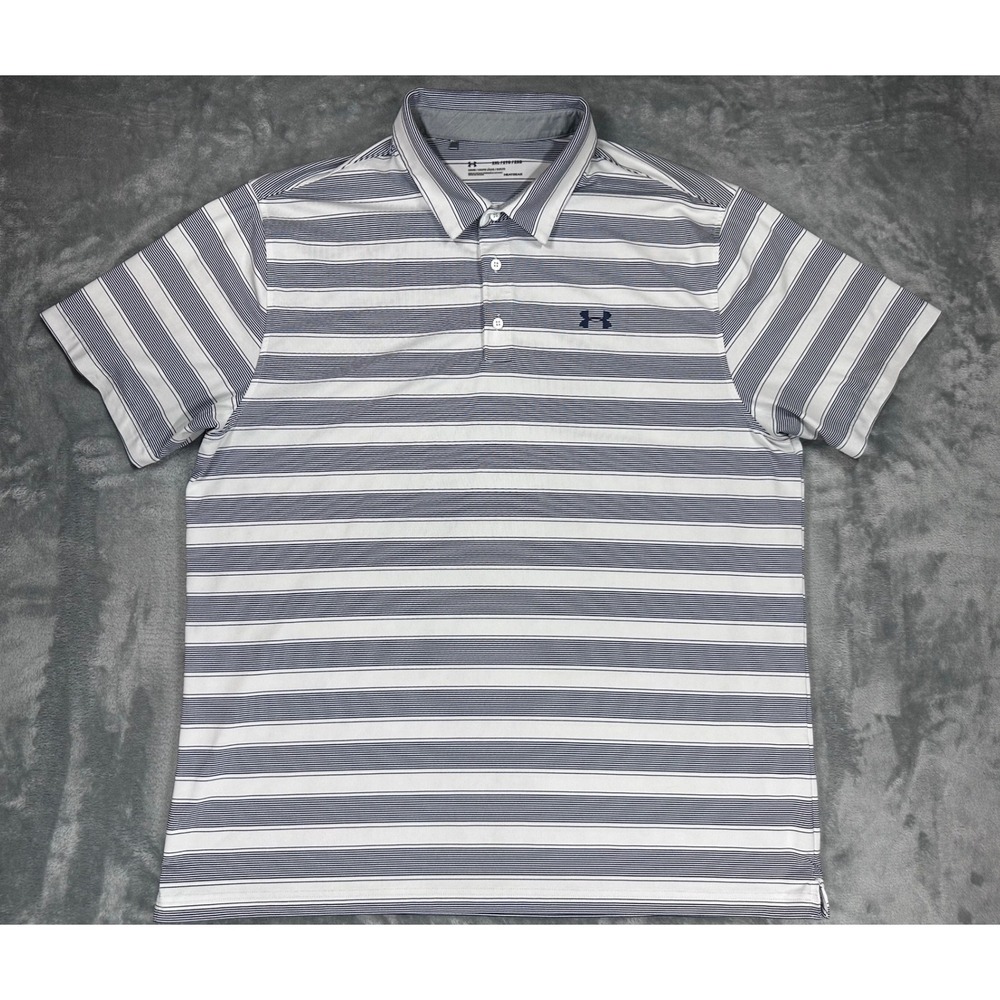 Under Armour Mens 2XL HeatGear Striped Polo Shirt‎ White Navy Blue 1306330